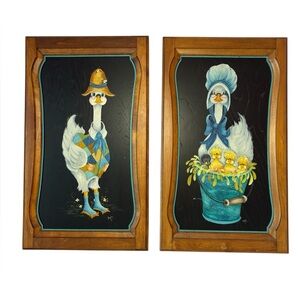 Vintage Hand Painted Goose Wall Art Pair – 26”x15” Framed Farmhouse Decor